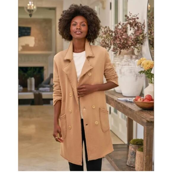 Frank & Eileen Belfast Sweatshirt Trench Coat Camel Triple Fleece Large FLAW - Picture 2 of 14